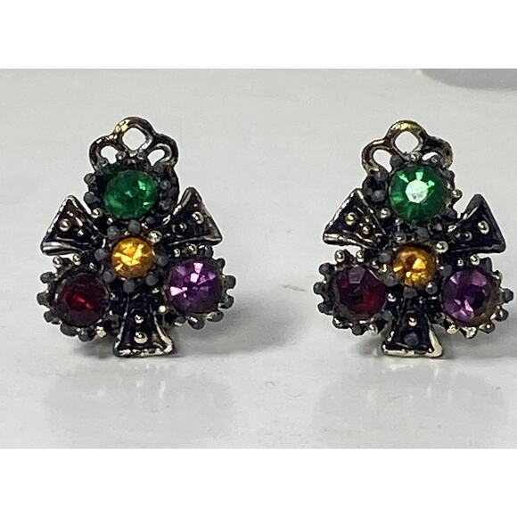 Unusual Vintage Silver & Black Tone Multicolor Maltise Cross? Clip On Earrings - Picture 1 of 12